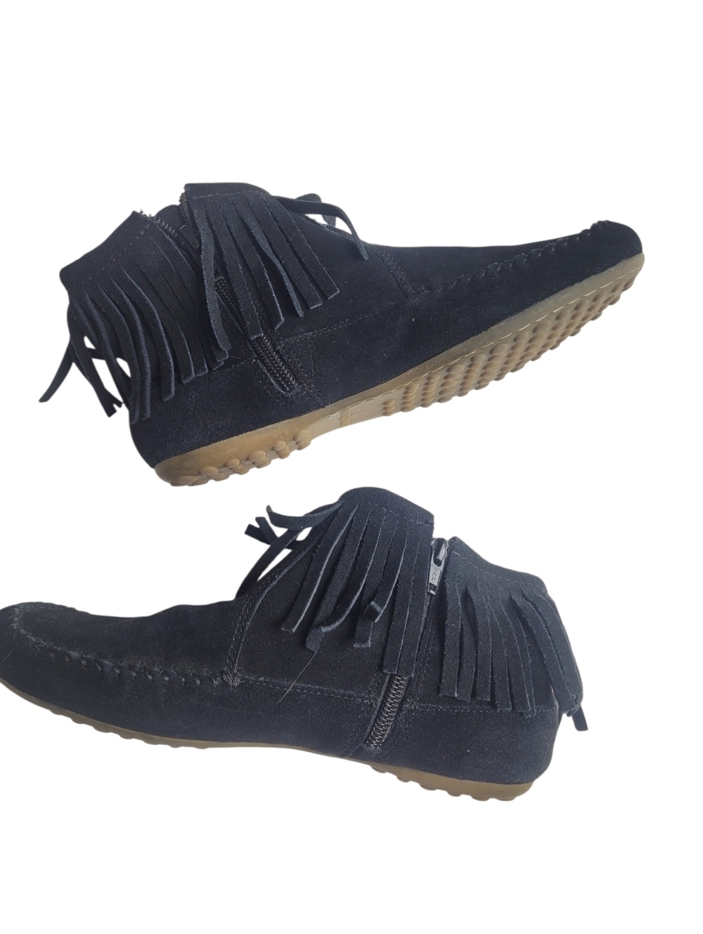 Minnetonka Black Suede Fringe Ankle Moccasin Booties - Women 6.5